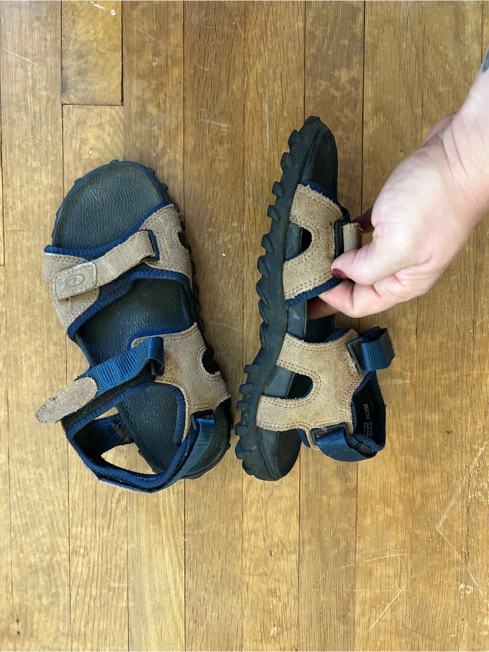 Suede and Nylon Strap Sandals in Tan and Navy
